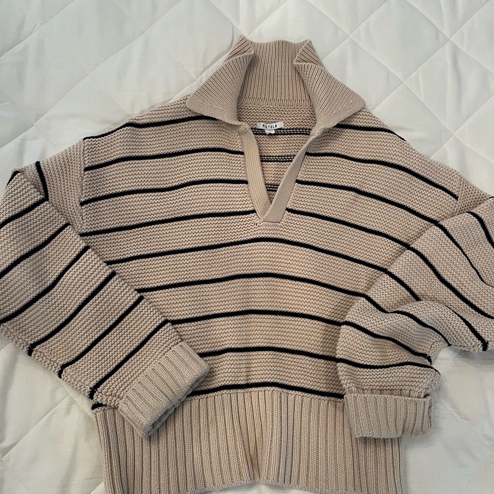 Beige and Navy Blue  Striped Women Sweater